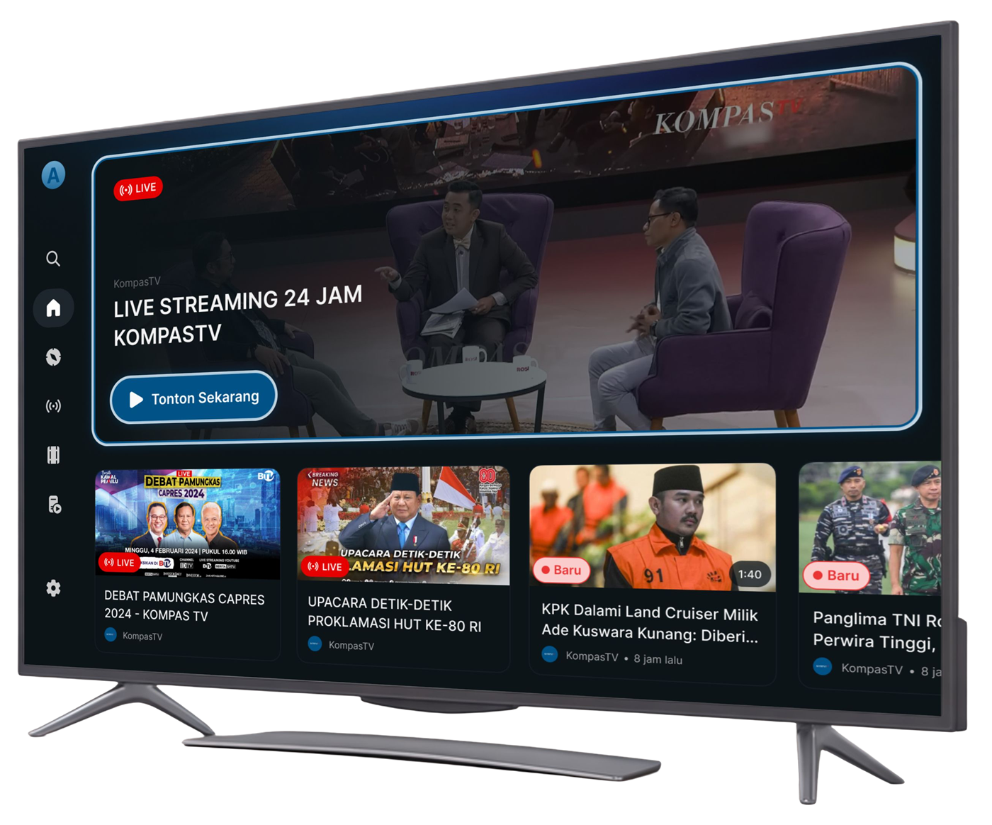 Smart TV menampilkan halaman utama aplikasi Kompas TV, dengan siaran live dan deretan video berita